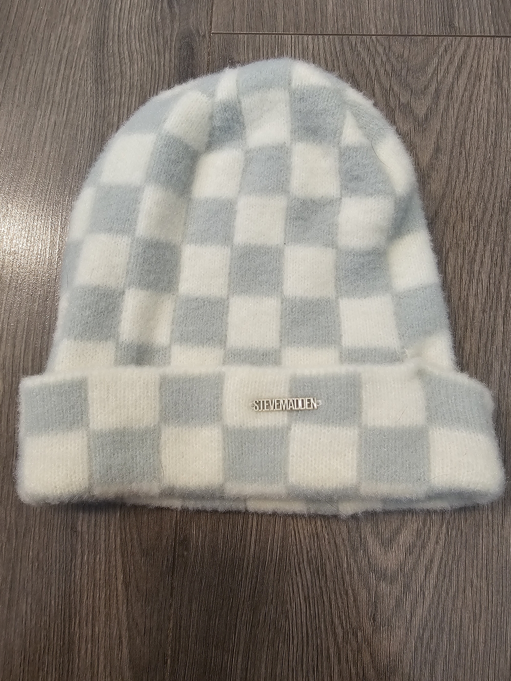 Steve Madden Women's Checkerboard Beanie in Light Green and White